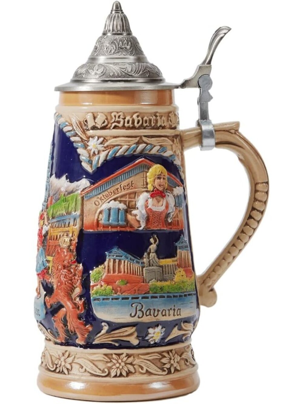 German Beer Stein Mug with Pewter Lid - Bavarian Viking Tankard for Men, 1L